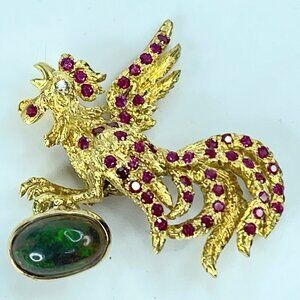 Buccellati 18K Gold Rooster Brooch with 2.50ct Black Opal & 1.80ct Ruby Accents